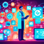 An illustration displaying a doctor standing in a digital landscape, surrounded by SEO icons such as keywords, backlinks, social media symbols, and glowing search engine result pages, with a modern clinic in the background.