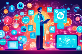 An illustration displaying a doctor standing in a digital landscape, surrounded by SEO icons such as keywords, backlinks, social media symbols, and glowing search engine result pages, with a modern clinic in the background.