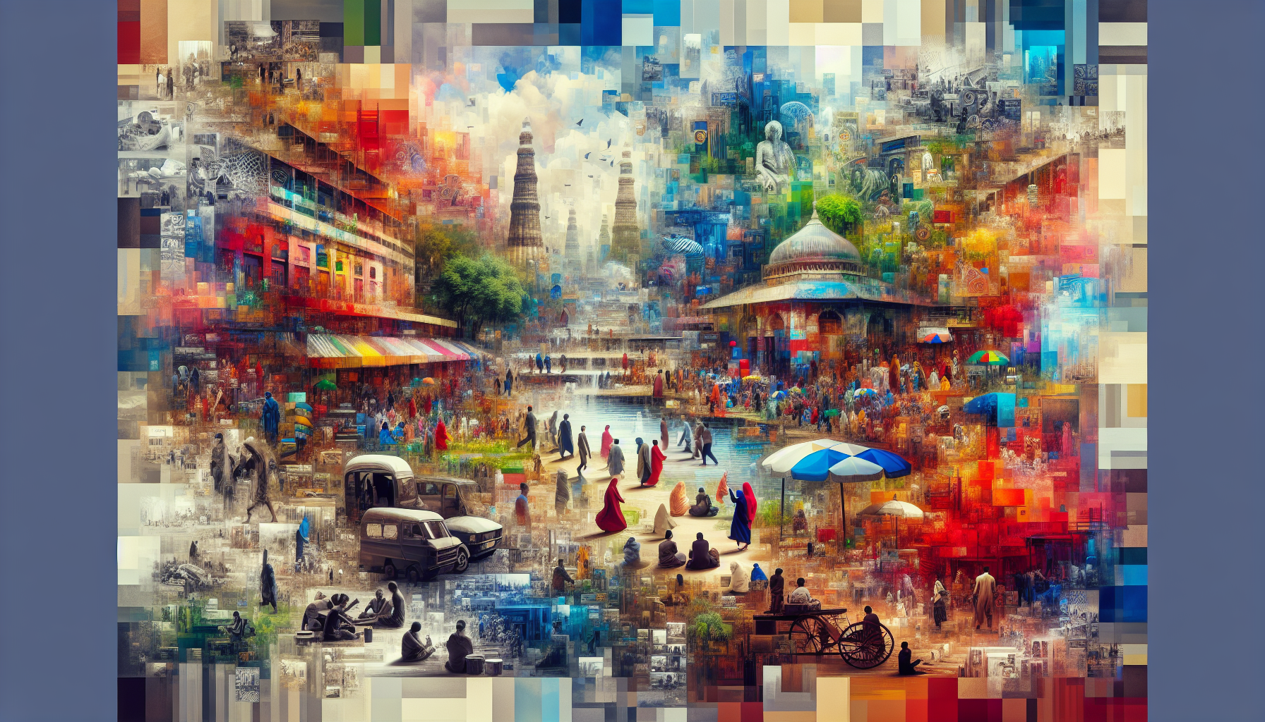 Create a depiction of the essence of documentary photography projects, showcasing real-life scenarios. Imagine a myriad of scenes present on one canvas - crowded streets, people in conversation, serene landscapes, bustling markets, and more, all arranged in a manner that truly captures real life diversity. The style should be colorful and modern, emphasizing capturing the moment as it unveils. A blend of vibrant and muted colors together, creating a fascinating juxtaposition between the various scenes.