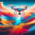 Create a colorful and modern image representing a unique perspective of drone photography. The image should depict a high-quality camera drone hovering above a picturesque landscape, capturing a bird's eye view of the vibrantly colored terrain below. The drone should be shown in the foreground, capturing clear and distinct images of the landscape. The depiction should convey the idea of exploration and curiosity, combined with the breathtaking views that can be achieved through modern technology. Remember, this should be an illustration with no words.