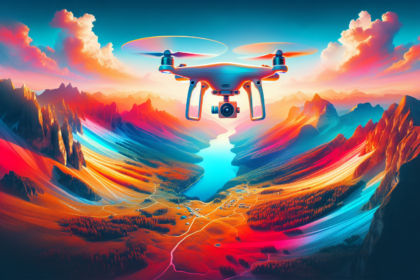 Create a colorful and modern image representing a unique perspective of drone photography. The image should depict a high-quality camera drone hovering above a picturesque landscape, capturing a bird's eye view of the vibrantly colored terrain below. The drone should be shown in the foreground, capturing clear and distinct images of the landscape. The depiction should convey the idea of exploration and curiosity, combined with the breathtaking views that can be achieved through modern technology. Remember, this should be an illustration with no words.