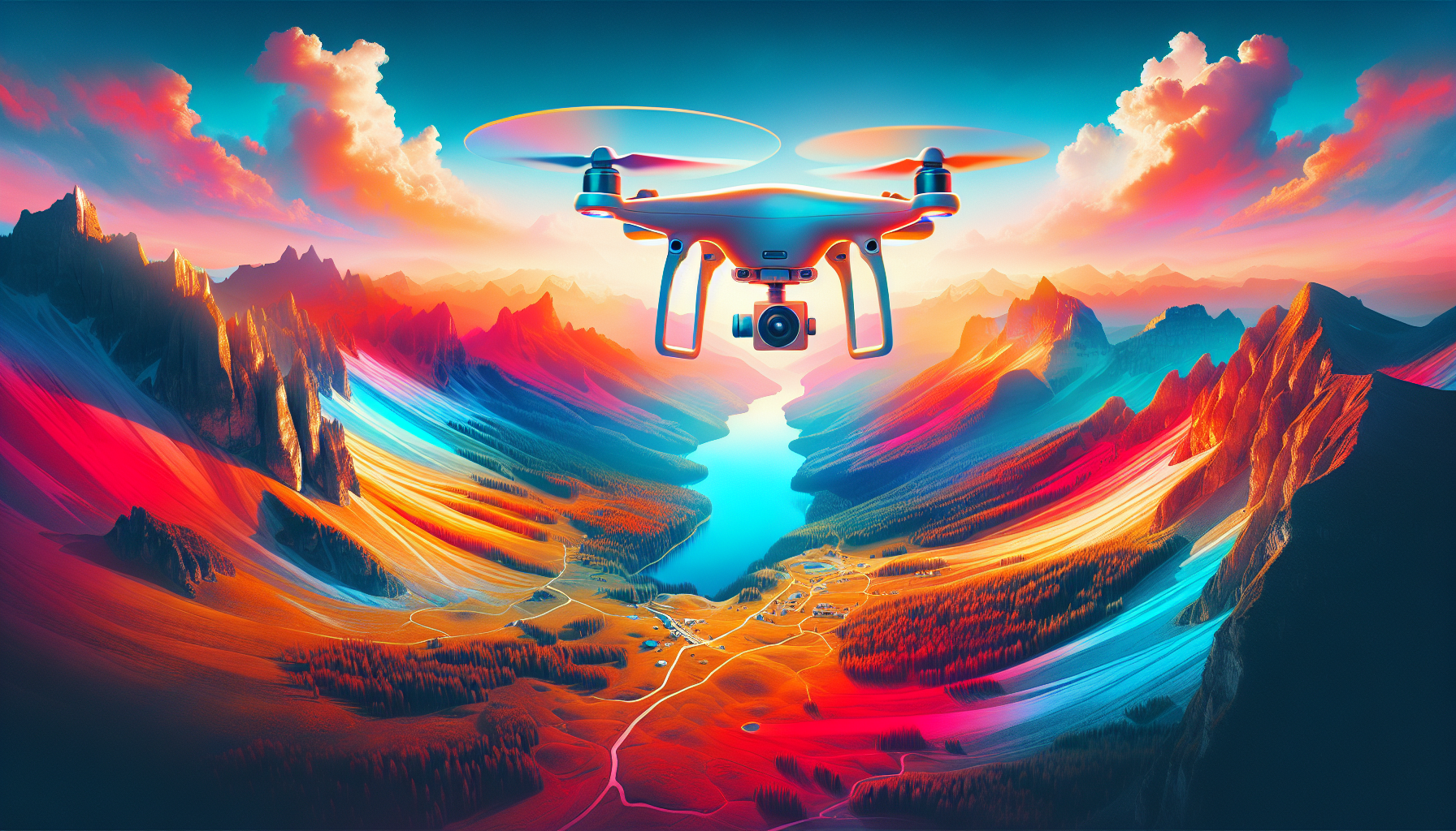 Create a colorful and modern image representing a unique perspective of drone photography. The image should depict a high-quality camera drone hovering above a picturesque landscape, capturing a bird's eye view of the vibrantly colored terrain below. The drone should be shown in the foreground, capturing clear and distinct images of the landscape. The depiction should convey the idea of exploration and curiosity, combined with the breathtaking views that can be achieved through modern technology. Remember, this should be an illustration with no words.