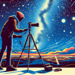 Illustration demonstrating essential techniques for night photography, without any text. The scene should include an individual setting up a camera on a tripod, with a mesmerizing star-filled night sky as the backdrop. The individual should have a modern look, maybe they're wearing casual attire and a beanie. The camera and tripod should be sleek and contemporary. Add color to the image by having varying shades of blue on the night sky, contrasted by the vibrant yellows and reds of city lights at a distance. The image should have a modern and colorful aesthetic.