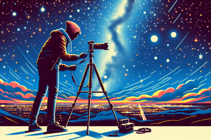 Illustration demonstrating essential techniques for night photography, without any text. The scene should include an individual setting up a camera on a tripod, with a mesmerizing star-filled night sky as the backdrop. The individual should have a modern look, maybe they're wearing casual attire and a beanie. The camera and tripod should be sleek and contemporary. Add color to the image by having varying shades of blue on the night sky, contrasted by the vibrant yellows and reds of city lights at a distance. The image should have a modern and colorful aesthetic.