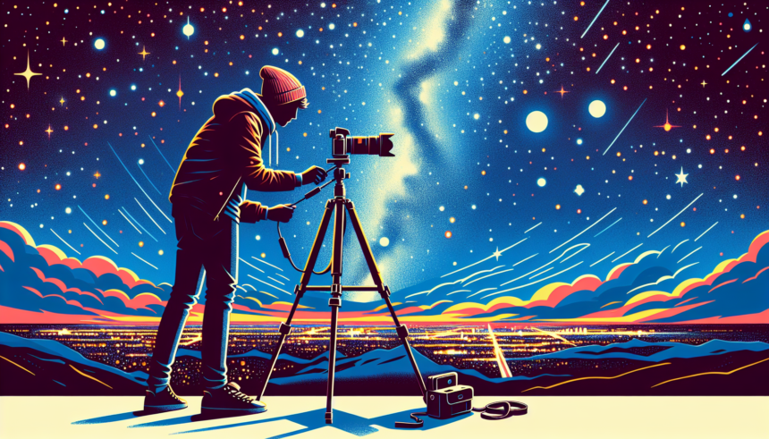 Illustration demonstrating essential techniques for night photography, without any text. The scene should include an individual setting up a camera on a tripod, with a mesmerizing star-filled night sky as the backdrop. The individual should have a modern look, maybe they're wearing casual attire and a beanie. The camera and tripod should be sleek and contemporary. Add color to the image by having varying shades of blue on the night sky, contrasted by the vibrant yellows and reds of city lights at a distance. The image should have a modern and colorful aesthetic.