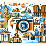 Create an image illustrating a guide to historical sites photography. The photo captures various sites rich in history and culture, showcasing both natural and man-made landmarks. The style is modern and the color palette is bright and colorful. Please note, this is an illustration only with no text or words included in the image.