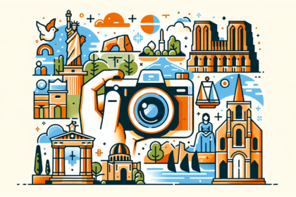 Create an image illustrating a guide to historical sites photography. The photo captures various sites rich in history and culture, showcasing both natural and man-made landmarks. The style is modern and the color palette is bright and colorful. Please note, this is an illustration only with no text or words included in the image.