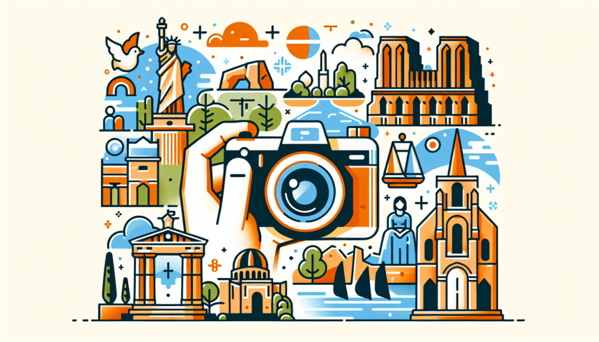 Create an image illustrating a guide to historical sites photography. The photo captures various sites rich in history and culture, showcasing both natural and man-made landmarks. The style is modern and the color palette is bright and colorful. Please note, this is an illustration only with no text or words included in the image.