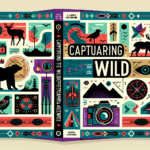 An illustrated guidebook cover titled 'Capturing the Wild: A Guide to Wildlife Photography Adventures.' The design should be colorful and modern in style. The cover should contain elements that symbolize 'wildlife' like silhouettes of animals such as a bear, deer, birds or a lion. Further, illustrate elements that symbolize 'photography' like a camera, zoom lens, or tripod. Lastly, weave in elements of 'adventure' like dashed boot tracks, a compass or a colourful topographic map in the background. Remember, this guidebook is going to be illustration-only with no written words beyond the title.