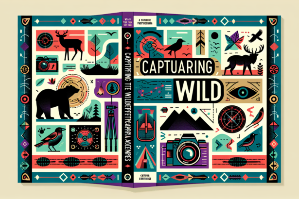 An illustrated guidebook cover titled 'Capturing the Wild: A Guide to Wildlife Photography Adventures.' The design should be colorful and modern in style. The cover should contain elements that symbolize 'wildlife' like silhouettes of animals such as a bear, deer, birds or a lion. Further, illustrate elements that symbolize 'photography' like a camera, zoom lens, or tripod. Lastly, weave in elements of 'adventure' like dashed boot tracks, a compass or a colourful topographic map in the background. Remember, this guidebook is going to be illustration-only with no written words beyond the title.