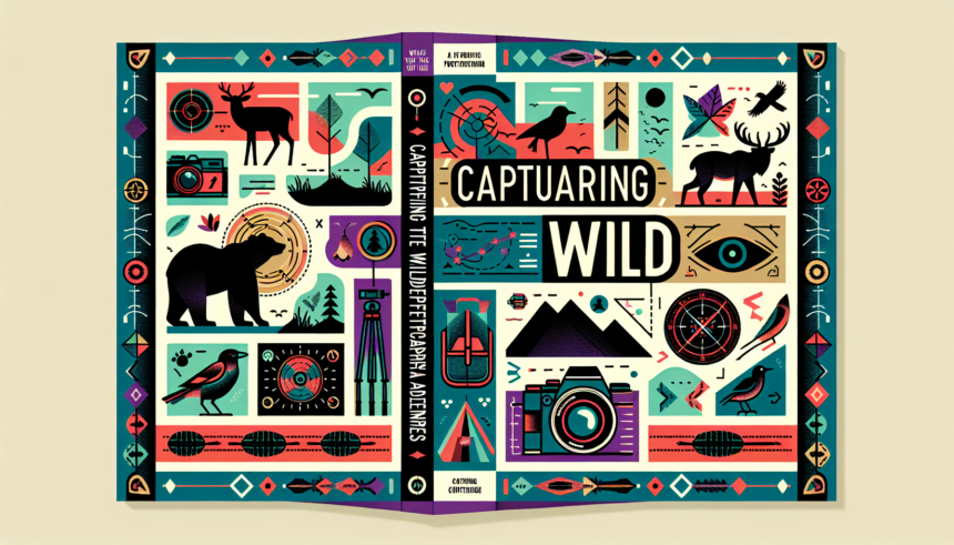 An illustrated guidebook cover titled 'Capturing the Wild: A Guide to Wildlife Photography Adventures.' The design should be colorful and modern in style. The cover should contain elements that symbolize 'wildlife' like silhouettes of animals such as a bear, deer, birds or a lion. Further, illustrate elements that symbolize 'photography' like a camera, zoom lens, or tripod. Lastly, weave in elements of 'adventure' like dashed boot tracks, a compass or a colourful topographic map in the background. Remember, this guidebook is going to be illustration-only with no written words beyond the title.