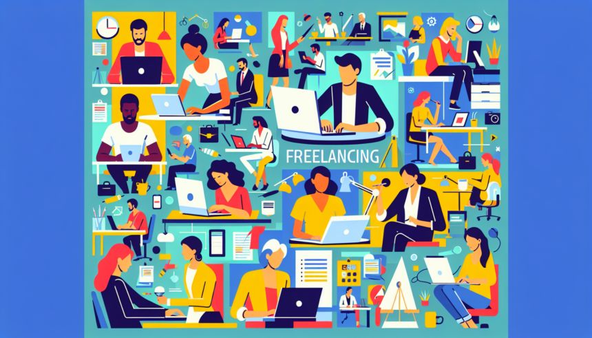 Generate a modern and colorful illustration depicting the theme of exploring freelancing opportunities in the contemporary economy. The imagery should include multiple individuals of different descents like Caucasian, Hispanic, Black, Middle-Eastern, South Asian, and White, both male and female, actively engaging with various freelancing tasks such as graphic design, writing, programming, and consulting. Please also illustrate different types of workplaces, both traditional and unconventional, implying the flexibility of freelancing. No words should appear in the image.