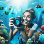 Visualize an engaging, beginner-friendly guide to underwater photography. The scene should be richly colored and contemporary in style. Perhaps show a gleeful, Caucasian, female amateur photographer with a waterproof camera capturing the mesmerizing undersea world. Her excitement should be palpable as she photographs a diverse range of vibrantly colored tropical fish, impressive corals and the enigmatic, blue-green depths of the ocean. Emphasize on the underwater lighting, contrasts, and water clarity in this underwater photography tutorial image. No text should be included in the image, purely illustrative.