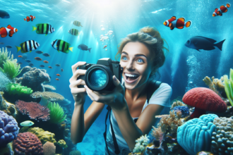 Visualize an engaging, beginner-friendly guide to underwater photography. The scene should be richly colored and contemporary in style. Perhaps show a gleeful, Caucasian, female amateur photographer with a waterproof camera capturing the mesmerizing undersea world. Her excitement should be palpable as she photographs a diverse range of vibrantly colored tropical fish, impressive corals and the enigmatic, blue-green depths of the ocean. Emphasize on the underwater lighting, contrasts, and water clarity in this underwater photography tutorial image. No text should be included in the image, purely illustrative.