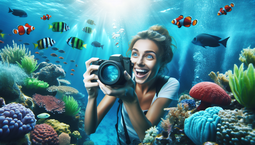 Visualize an engaging, beginner-friendly guide to underwater photography. The scene should be richly colored and contemporary in style. Perhaps show a gleeful, Caucasian, female amateur photographer with a waterproof camera capturing the mesmerizing undersea world. Her excitement should be palpable as she photographs a diverse range of vibrantly colored tropical fish, impressive corals and the enigmatic, blue-green depths of the ocean. Emphasize on the underwater lighting, contrasts, and water clarity in this underwater photography tutorial image. No text should be included in the image, purely illustrative.