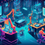 An illustration of a futuristic workshop full of advanced tools and machines dedicated to crafting the next generation of hardware technology, featuring robots and engineers working together surrounded by microchips, circuit boards, and computer screens displaying complex blueprints and code.