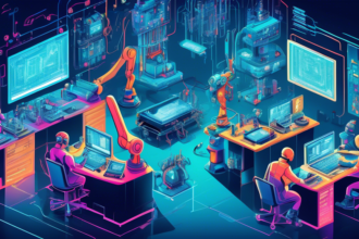 An illustration of a futuristic workshop full of advanced tools and machines dedicated to crafting the next generation of hardware technology, featuring robots and engineers working together surrounded by microchips, circuit boards, and computer screens displaying complex blueprints and code.