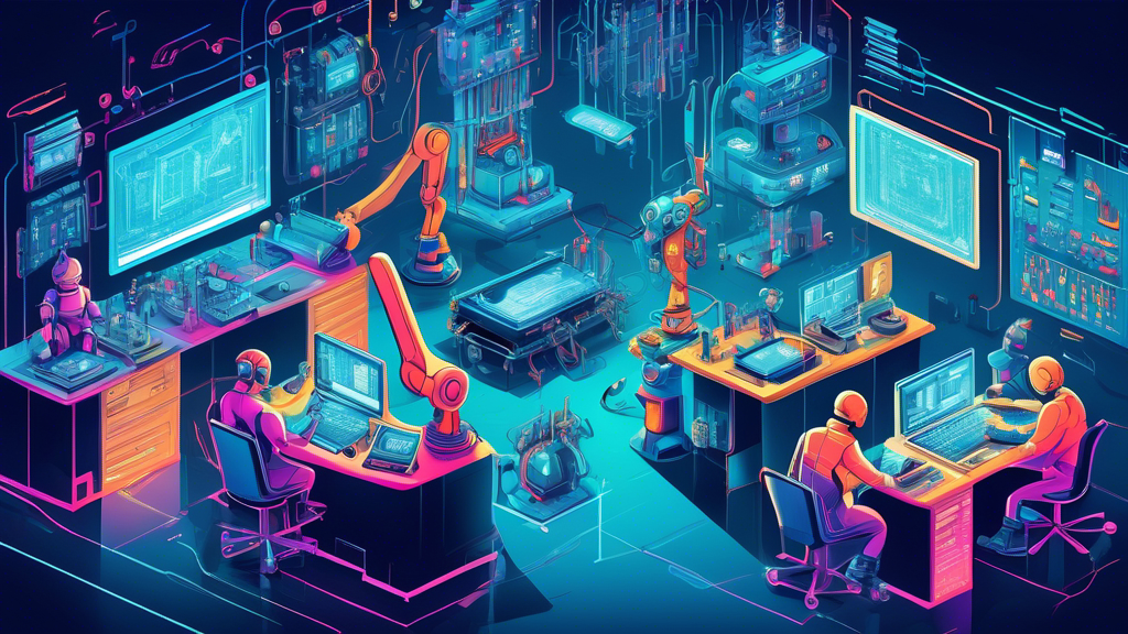 An illustration of a futuristic workshop full of advanced tools and machines dedicated to crafting the next generation of hardware technology, featuring robots and engineers working together surrounded by microchips, circuit boards, and computer screens displaying complex blueprints and code.