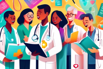 A group of diverse doctors and patients standing around a giant open medical journal under a magnifying glass, with positive emojis floating out of the pages, in a bright hospital setting.