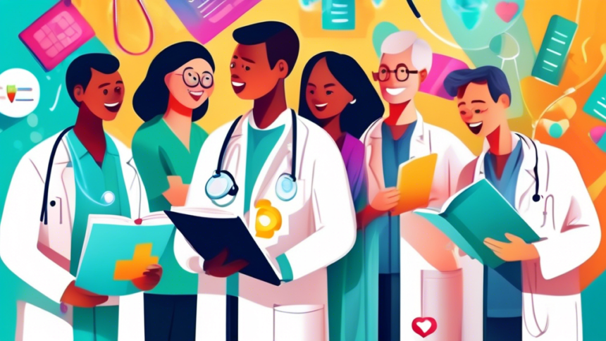 A group of diverse doctors and patients standing around a giant open medical journal under a magnifying glass, with positive emojis floating out of the pages, in a bright hospital setting.