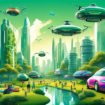 Create an image of a futuristic cityscape with flying cars, towering skyscrapers powered by renewable energy, and robots assisting humans in a lush, green park, symbolizing innovation as the driving force behind modern progress.