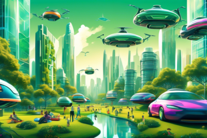 Create an image of a futuristic cityscape with flying cars, towering skyscrapers powered by renewable energy, and robots assisting humans in a lush, green park, symbolizing innovation as the driving force behind modern progress.