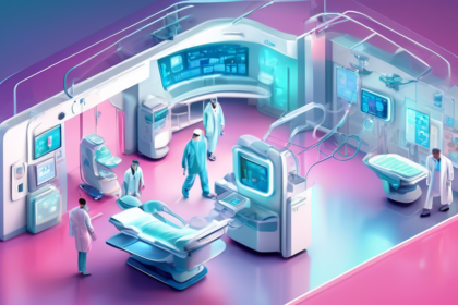 An illustrated futuristic medical device transforming patient care in a high-tech hospital setting, embodying innovation and advanced healthcare solutions.