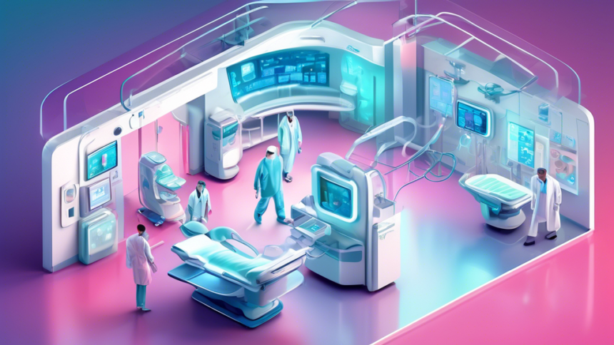 An illustrated futuristic medical device transforming patient care in a high-tech hospital setting, embodying innovation and advanced healthcare solutions.