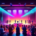 An array of latest high-tech gadgets being unveiled on a sleek, futuristic stage with glowing spotlights and an excited audience in the background.