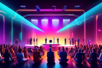 An array of latest high-tech gadgets being unveiled on a sleek, futuristic stage with glowing spotlights and an excited audience in the background.