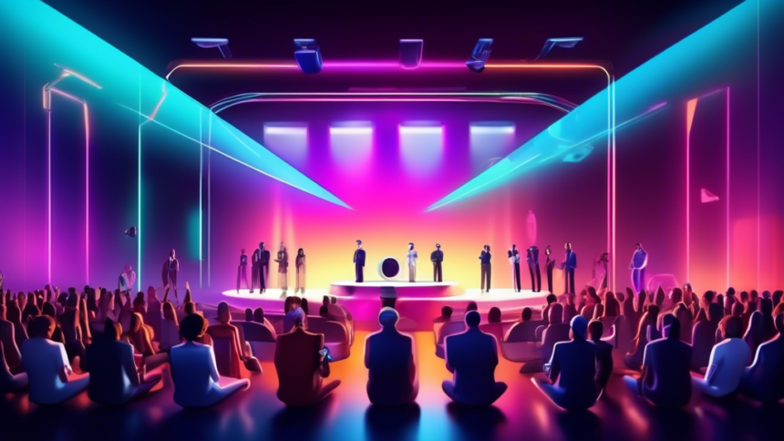 An array of latest high-tech gadgets being unveiled on a sleek, futuristic stage with glowing spotlights and an excited audience in the background.