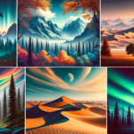 An illustrative and modern compilation of well-known landscapes from around the world. Vibrant colours bring the scenes to life. One image shows the grandeur of the misty mountains, their jagged peaks blanketed by clouds. Another depicts the vast desert, its sand dunes awash in warm oranges and yellows, while a third showcases the tranquillity of an old-growth forest, leaves of green gently rustling in the breeze. Lastly, the surreal beauty of a Northern hemisphere Aurora, a colour dance in the midnight sky. All of them known assets for landscape photographers.