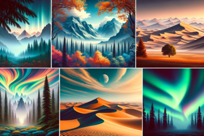 An illustrative and modern compilation of well-known landscapes from around the world. Vibrant colours bring the scenes to life. One image shows the grandeur of the misty mountains, their jagged peaks blanketed by clouds. Another depicts the vast desert, its sand dunes awash in warm oranges and yellows, while a third showcases the tranquillity of an old-growth forest, leaves of green gently rustling in the breeze. Lastly, the surreal beauty of a Northern hemisphere Aurora, a colour dance in the midnight sky. All of them known assets for landscape photographers.