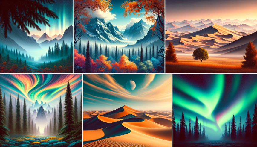 An illustrative and modern compilation of well-known landscapes from around the world. Vibrant colours bring the scenes to life. One image shows the grandeur of the misty mountains, their jagged peaks blanketed by clouds. Another depicts the vast desert, its sand dunes awash in warm oranges and yellows, while a third showcases the tranquillity of an old-growth forest, leaves of green gently rustling in the breeze. Lastly, the surreal beauty of a Northern hemisphere Aurora, a colour dance in the midnight sky. All of them known assets for landscape photographers.