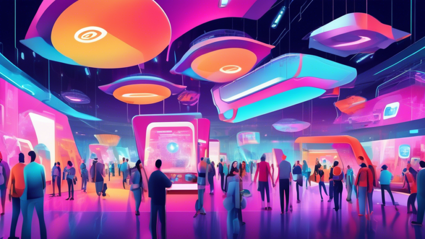 Create an image of a futuristic expo hall filled with people exploring and interacting with various innovative gadgets and technologies that have never been seen before, showcasing the top gadgets to look out for in 2023.