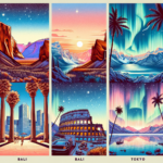 An illustration of six top must-visit travel destinations for 2023. Picture the vastness of the Grand Canyon with the sun setting in the horizon. Visualize the tropical beauty of Bali, featuring a pristine beach and tall, lush palm trees. Imagine the majestic beauty of the Northern Lights in Iceland, with a starry sky backdrop. Conceive the historical richness of Rome, Italy showing the Colosseum bathed in soft evening light. Think of the urban lights and high-rises of Tokyo at night. And finally, the serene natural beauty of Banff National Park, Canada covered in a blanket of snow. Keep the artwork colorful and modern in style.