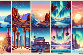 An illustration of six top must-visit travel destinations for 2023. Picture the vastness of the Grand Canyon with the sun setting in the horizon. Visualize the tropical beauty of Bali, featuring a pristine beach and tall, lush palm trees. Imagine the majestic beauty of the Northern Lights in Iceland, with a starry sky backdrop. Conceive the historical richness of Rome, Italy showing the Colosseum bathed in soft evening light. Think of the urban lights and high-rises of Tokyo at night. And finally, the serene natural beauty of Banff National Park, Canada covered in a blanket of snow. Keep the artwork colorful and modern in style.