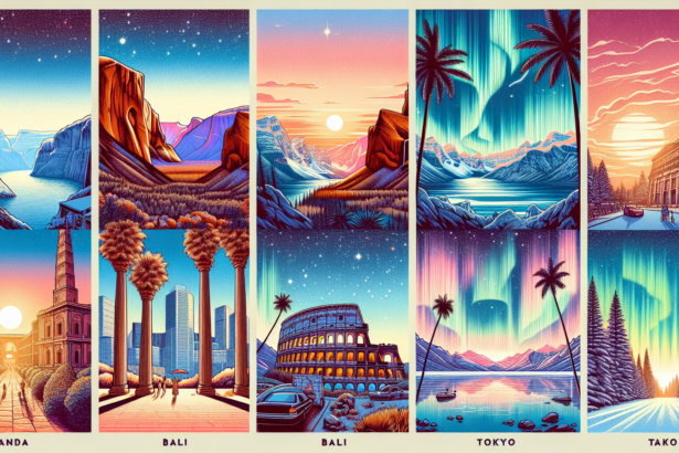 An illustration of six top must-visit travel destinations for 2023. Picture the vastness of the Grand Canyon with the sun setting in the horizon. Visualize the tropical beauty of Bali, featuring a pristine beach and tall, lush palm trees. Imagine the majestic beauty of the Northern Lights in Iceland, with a starry sky backdrop. Conceive the historical richness of Rome, Italy showing the Colosseum bathed in soft evening light. Think of the urban lights and high-rises of Tokyo at night. And finally, the serene natural beauty of Banff National Park, Canada covered in a blanket of snow. Keep the artwork colorful and modern in style.