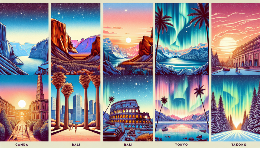 An illustration of six top must-visit travel destinations for 2023. Picture the vastness of the Grand Canyon with the sun setting in the horizon. Visualize the tropical beauty of Bali, featuring a pristine beach and tall, lush palm trees. Imagine the majestic beauty of the Northern Lights in Iceland, with a starry sky backdrop. Conceive the historical richness of Rome, Italy showing the Colosseum bathed in soft evening light. Think of the urban lights and high-rises of Tokyo at night. And finally, the serene natural beauty of Banff National Park, Canada covered in a blanket of snow. Keep the artwork colorful and modern in style.