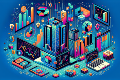 A vibrant, modern illustration showcasing various strategies for earning passive income. The image could include traditional and innovative methods. For example, a part of the image might depict real estate investment, characterized by a modern skyscraper. Another section could illustrate stock investments, represented by graph and statistics symbols. Online business could be represented by a laptop showing a successful website, and a book shelf might symbolize book royalties. Please remember that this illustration should not have any words.