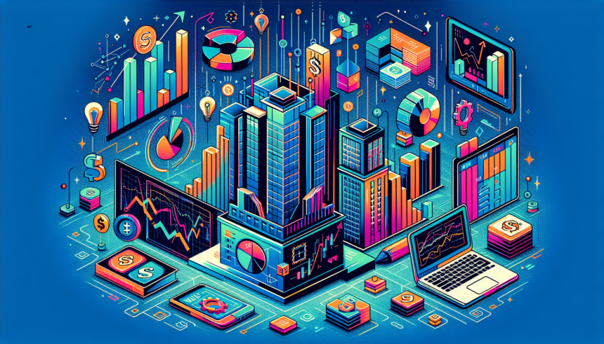 A vibrant, modern illustration showcasing various strategies for earning passive income. The image could include traditional and innovative methods. For example, a part of the image might depict real estate investment, characterized by a modern skyscraper. Another section could illustrate stock investments, represented by graph and statistics symbols. Online business could be represented by a laptop showing a successful website, and a book shelf might symbolize book royalties. Please remember that this illustration should not have any words.