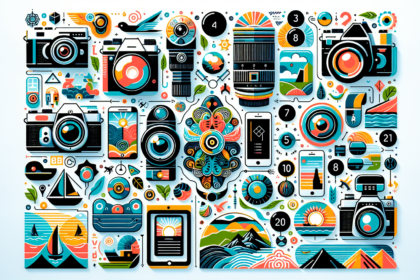 A beautifully arranged visual guide to tips for stunning travel photography. The image consists of various, illustrated camera equipment and symbols that represent different aspects of travel photography. It exudes a colourful and modern style, with bright hues and contemporary design elements. Each tip, embodied by a unique symbol or piece of equipment, is numbered and arranged systematically across the frame. Feel free to incorporate landscapes, exotic locations and widlife imagery subtly into design as emblematic of travel photography.