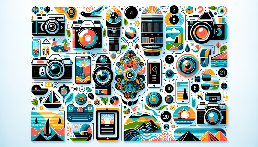 A beautifully arranged visual guide to tips for stunning travel photography. The image consists of various, illustrated camera equipment and symbols that represent different aspects of travel photography. It exudes a colourful and modern style, with bright hues and contemporary design elements. Each tip, embodied by a unique symbol or piece of equipment, is numbered and arranged systematically across the frame. Feel free to incorporate landscapes, exotic locations and widlife imagery subtly into design as emblematic of travel photography.