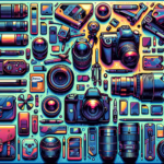 Create an illustration that encapsulates the concept of top travel photography gear. The image should include an array of photographic equipment like cameras, tripods, lenses, memory cards, and maybe a drone. It should be rendered in a vibrant, modern aesthetic with rich, intense colors. Note that this is a visual guide, so no text should be present in the design. The equipment should be laid out in a manner that allows viewers to understand their uses and importance in travel photography.