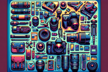 Create an illustration that encapsulates the concept of top travel photography gear. The image should include an array of photographic equipment like cameras, tripods, lenses, memory cards, and maybe a drone. It should be rendered in a vibrant, modern aesthetic with rich, intense colors. Note that this is a visual guide, so no text should be present in the design. The equipment should be laid out in a manner that allows viewers to understand their uses and importance in travel photography.