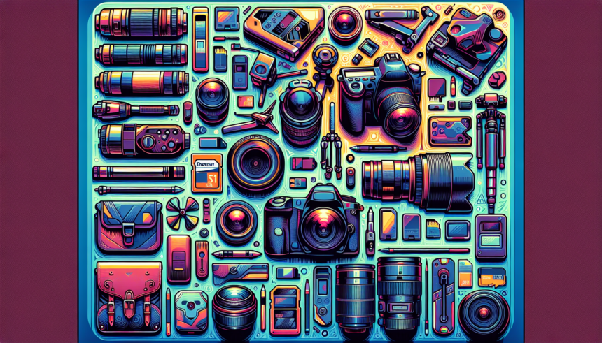 Create an illustration that encapsulates the concept of top travel photography gear. The image should include an array of photographic equipment like cameras, tripods, lenses, memory cards, and maybe a drone. It should be rendered in a vibrant, modern aesthetic with rich, intense colors. Note that this is a visual guide, so no text should be present in the design. The equipment should be laid out in a manner that allows viewers to understand their uses and importance in travel photography.