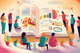 An image of an open book with colorful, easy-to-understand infographics and charts about the human body, healthy eating, and exercise, surrounded by small groups of diverse people of all ages engaging in a discussion and taking notes, with a gentle light illuminating the scene, symbolizing enlightenment and understanding, in a calm, welcoming library setting.