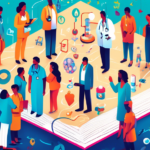 A vibrant illustration of a diverse group of people standing around a large, glowing book titled 'Understanding Healthcare', with icons representing different aspects of healthcare like a stethoscope, heart, pills, and hospital floating around them, all set against a backdrop of a community with healthcare facilities.