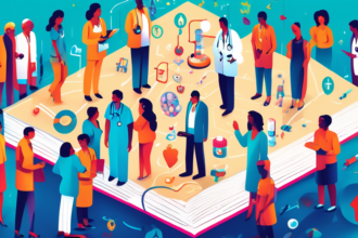 A vibrant illustration of a diverse group of people standing around a large, glowing book titled 'Understanding Healthcare', with icons representing different aspects of healthcare like a stethoscope, heart, pills, and hospital floating around them, all set against a backdrop of a community with healthcare facilities.