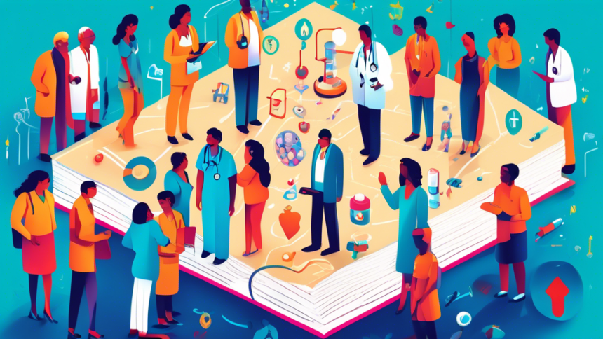 A vibrant illustration of a diverse group of people standing around a large, glowing book titled 'Understanding Healthcare', with icons representing different aspects of healthcare like a stethoscope, heart, pills, and hospital floating around them, all set against a backdrop of a community with healthcare facilities.